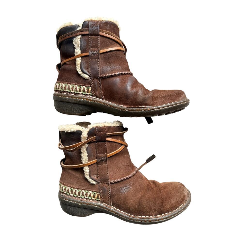 UGG Australia Cove Wrap Lace Shearling Ankle Boots Brown Womens 8 5178